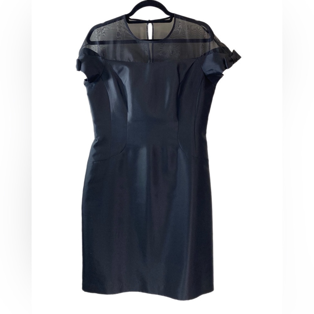 Teri Jon NWOT black wool & silk dress w/ sheer yoke & bow detail on cap sleeves